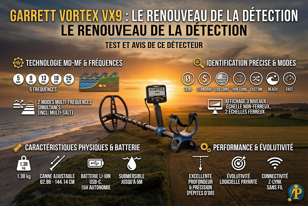 Garrett Vortex VX9 : test et avis de ce détecteur 3 Infographie technique des fonctionnalités et modes de détection du Garrett Vortex VX9
