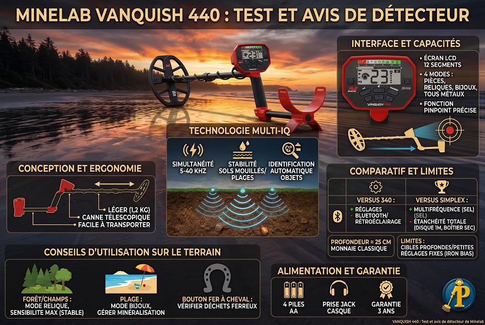 Vanquish 440 : Test et avis de détecteur de Minelab 4 Infographie descriptive des caractéristiques techniques, points forts et avis sur le détecteur de métaux Minelab Vanquish 440