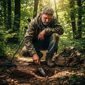 Un détectoriste en foret , expérimenté balayant un champ dégagé avec son détecteur de métaux, illustrant l'efficacité et la maximisation des trouvailles en détection de loisir.