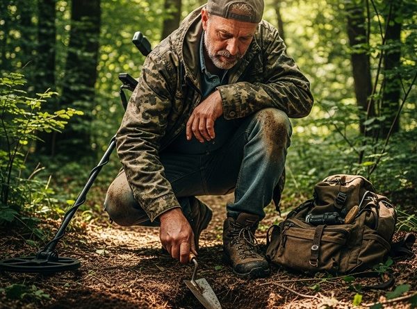 Un détectoriste en foret , expérimenté balayant un champ dégagé avec son détecteur de métaux, illustrant l'efficacité et la maximisation des trouvailles en détection de loisir.