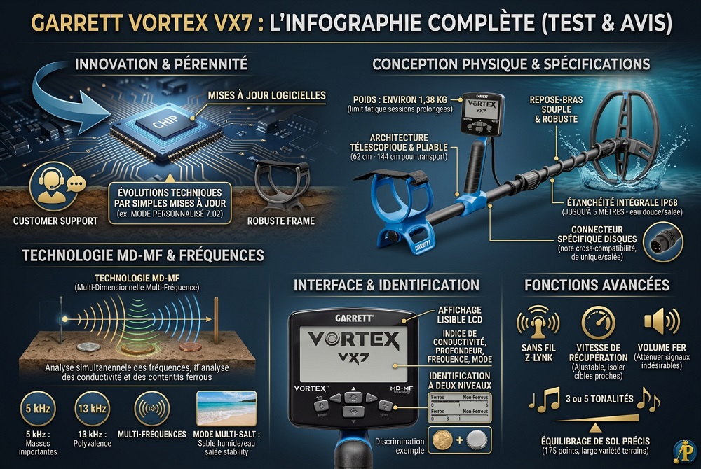 Garrett Vortex VX7 : test et avis de ce détecteur 4 Infographie des fonctionnalités techniques du détecteur de métaux Garrett Vortex VX7 avec affichage des fréquences et modes de recherche.
