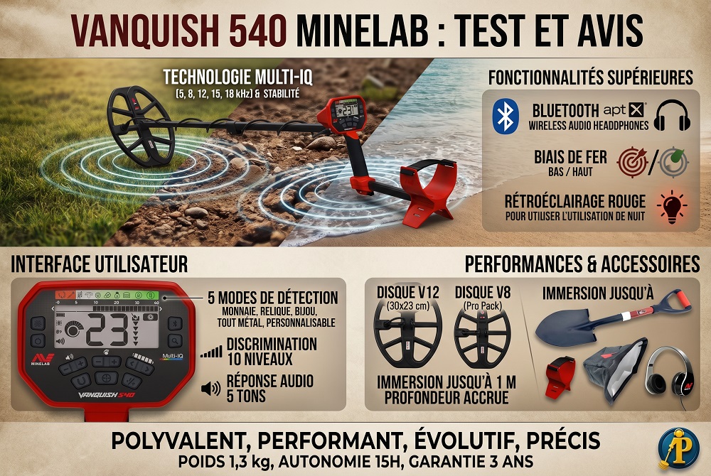 Infographie présentant les caractéristiques techniques et les points forts du détecteur de métaux Minelab Vanquish 540