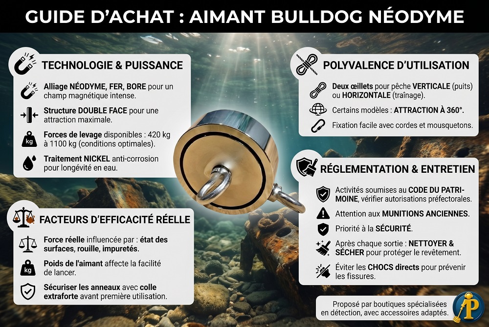 Aimant bulldog : Guide d'achat de cet aimant Néodyme 4 Infographie explicative comparant les modèles d'aimants néodyme Bulldog pour la pêche à l'aimant et leurs forces de levage