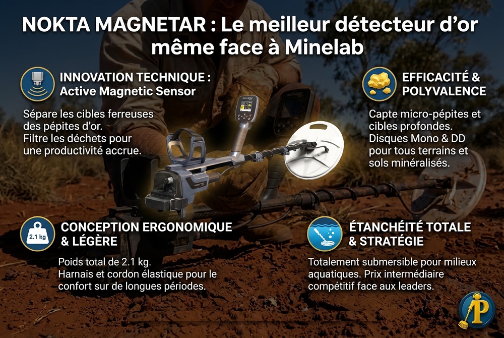 Nokta Magnetar 9000 : Le meilleur détecteur d'or même face à Minelab 4 Infographie comparative des performances et caractéristiques du détecteur d'or Nokta Magnetar face aux modèles Minelab GPX 6000 et GPZ 7000