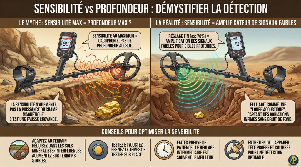 Infographie : Pourquoi la sensibilité d'un détecteur de métaux n'influe pas directement sur la profondeur de détection