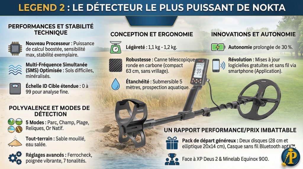 Infographie des caractéristiques techniques et performances du détecteur de métaux Nokta Legend 2