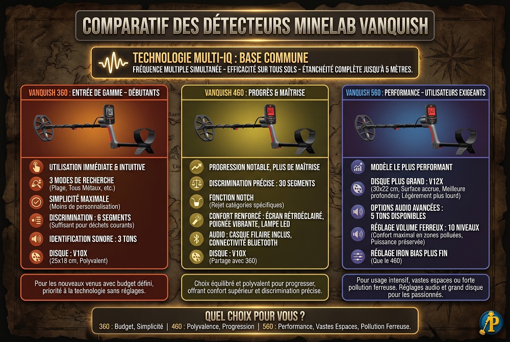 Vanquish 360, 460 ou 560 : Comparatif des ces 3 détecteurs Minelab 4 Infographie comparative des détecteurs de métaux Minelab Vanquish 360, 460 et 560 présentant leurs différences techniques et fonctionnalités