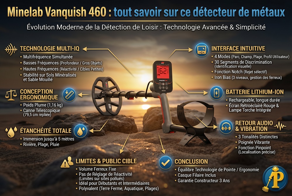 Infographie récapitulative des caractéristiques techniques et performances du détecteur de métaux Minelab Vanquish 460