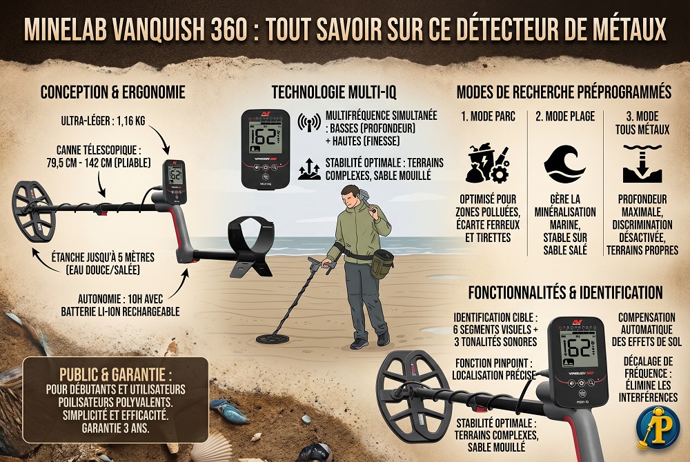 Infographie présentant les caractéristiques techniques et les performances du détecteur de métaux Minelab Vanquish 360