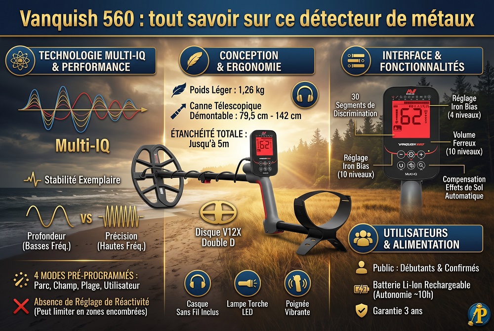 Infographie détaillée présentant les caractéristiques techniques et les points forts du détecteur de métaux Minelab Vanquish 560 pour la prospection sur tous types de terrains.