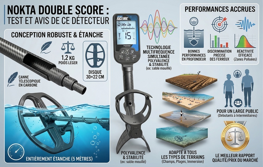 Nokta Double Score : test et avis de ce détecteur 2 Infographie récapitulative du détecteur de métaux Nokta Double Score : caractéristiques techniques, étanchéité 5m et technologie multifréquence.