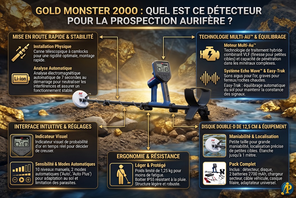 Infographie présentant les caractéristiques techniques et les technologies de performance du détecteur d'or Minelab Gold Monster 2000