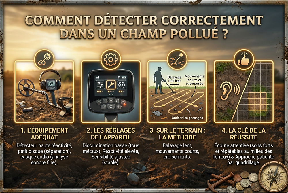Comment détecter correctement dans un champ pollué ? 4 Infographie : Guide pratique pour détecter dans un champ pollué (équipement, réglages du détecteur de métaux et méthode de balayage)