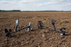 Nokta Legend vs Minelab Equinox 900 : quel détecteur choisir ? 3 comparaison des détecteurs legend et equinox 900posé tous les deux dans un champ en labour