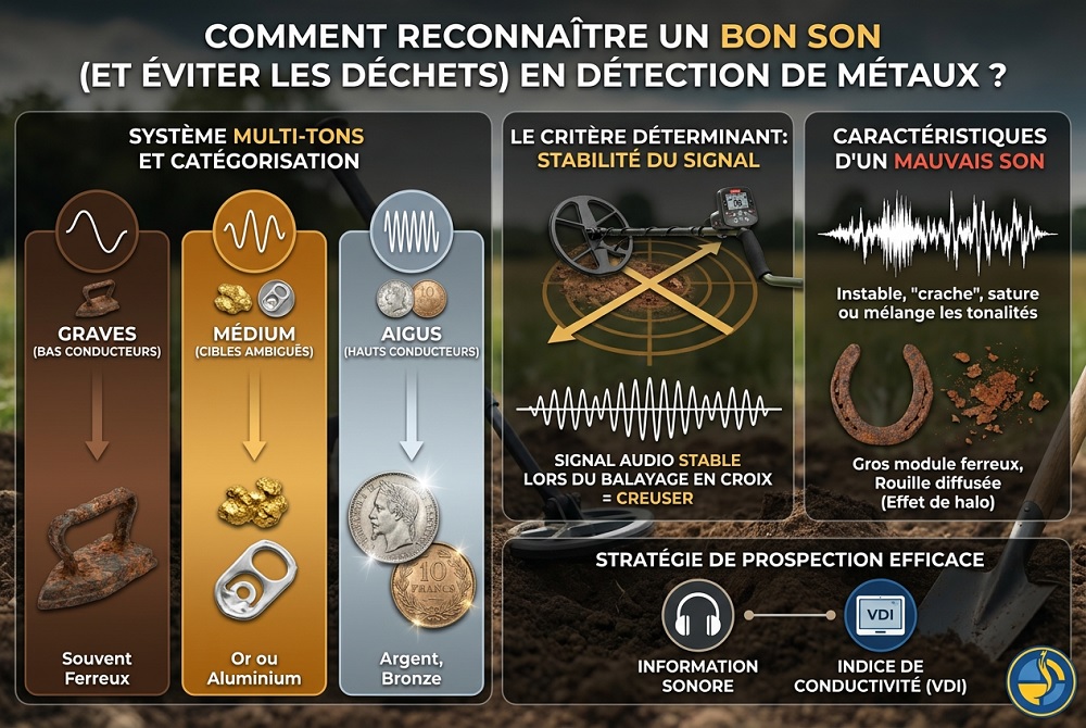 Comment reconnaître un bon son (et éviter les déchets) en détection ? 1 Infographie explicative : Comment reconnaître un bon son en détection de métaux, analyser la stabilité du signal VDI et les tonalités