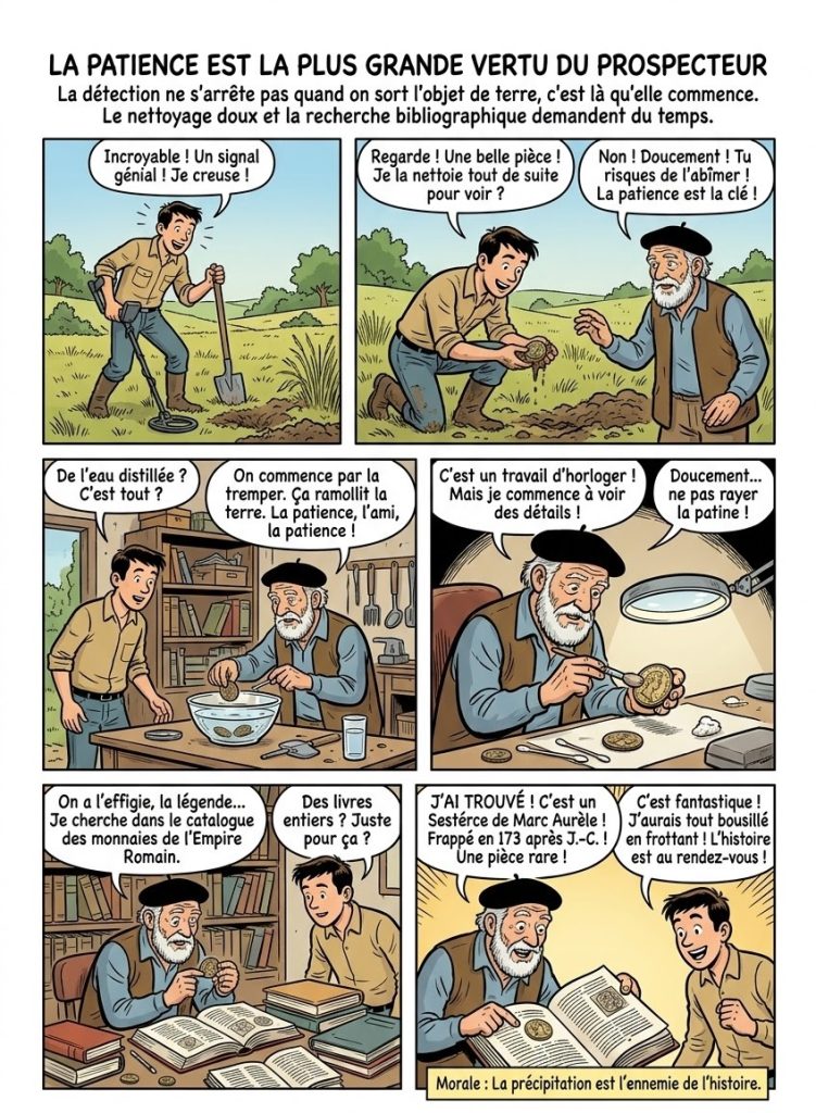 Identifier ses trouvailles en détection : méthodes, outils et ressources 6 Planche de bande dessinée franco-belge de 6 vignettes sur l'importance de la patience pour un prospecteur. Un vieux détectoriste apprend à un jeune à ne pas frotter une monnaie ancienne trouvée en terre, mais à la nettoyer doucement à l'eau distillée sous loupe et à faire des recherches bibliographiques pour l'identifier comme un Sestérce de Marc Aurèle de 173 après J.-C. La morale est : La précipitation est l'ennemie de l'histoire.