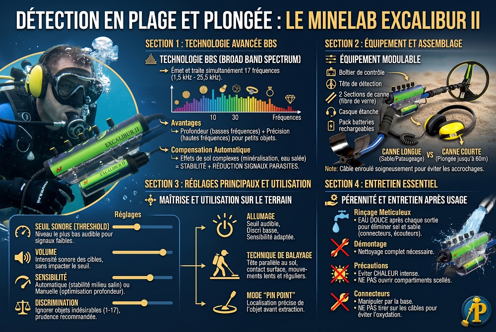 Infographie explicative détaillant les réglages et l'assemblage du détecteur de métaux Minelab Excalibur II pour la plage et la plongée.