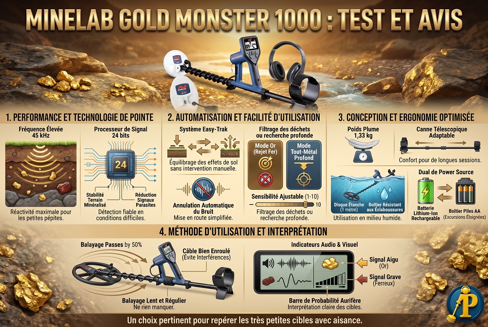 Infographie présentant les caractéristiques techniques et les capacités de détection du Gold Monster 1000 de Minelab