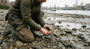 Mudlarking sur la Tamise : ces vestiges de l’histoire londonienne qui refont surface 3 Un mudlark cherche des vestiges historiques sur les berges de la Tamise à Londres