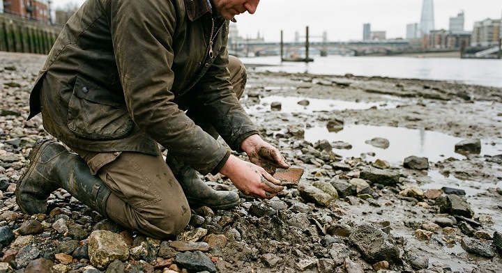 Un mudlark cherche des vestiges historiques sur les berges de la Tamise à Londres