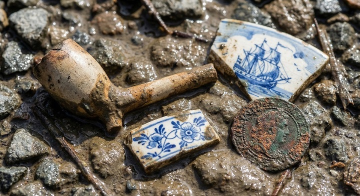 Mudlarking sur la Tamise : ces vestiges de l’histoire londonienne qui refont surface 4 Trésors de mudlarking : pipe en argile, céramiques bleues et pièce ancienne dans la boue