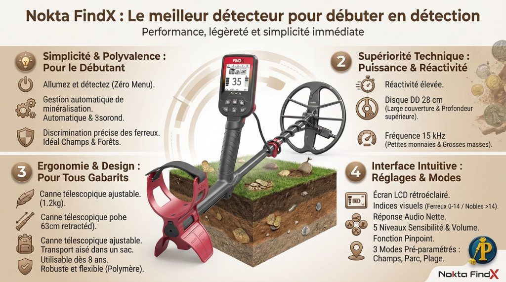 Nokta FindX : Le meilleur détecteur pour commencer 4 Infographie caractéristiques Nokta FindX : disque DD 28cm, fréquence 15kHz et canne télescopique face à la concurrence