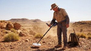 Quel est le prix d'un détecteur d'or natif ? 3 chercheur d'or australien en plein désert avec son détecteur de métaux Minelab