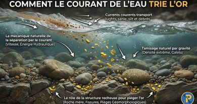 Infographie sur la concentration naturelle de l'or par le courant et piégeage dans la roche
