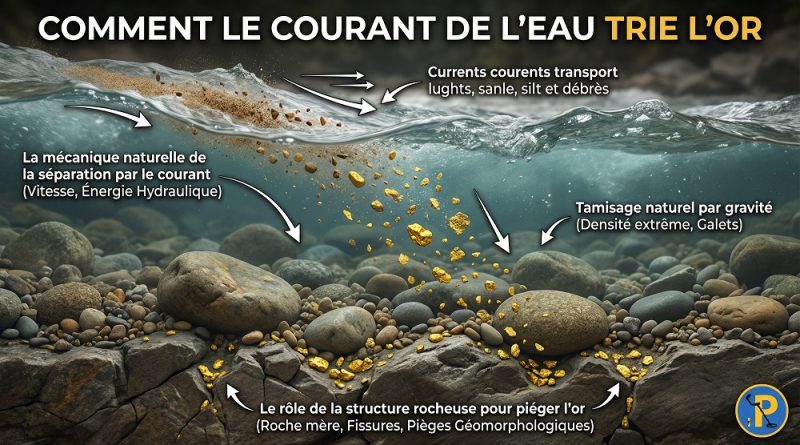 Infographie sur la concentration naturelle de l'or par le courant et piégeage dans la roche