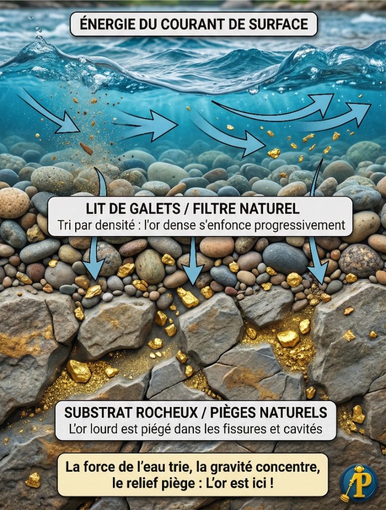 Schéma explicatif du mécanisme de concentration naturelle de l'or par le courant d'eau, le filtrage par les galets et le piégeage dans les fissures du substrat rocheux.