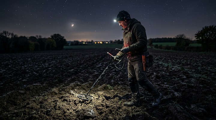 Un prospecteur dans un champ avec son détecteur de métaux, au milieu de la nuit