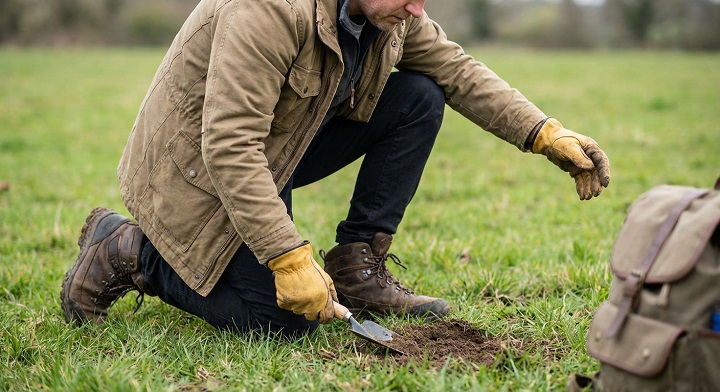 Comment bien détecter en prairie ? 5 détectoriste en train de creuser dans une prairie pour extraire une monnaie