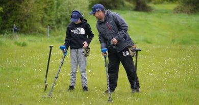 un père et sa fille détectent dans une prairie