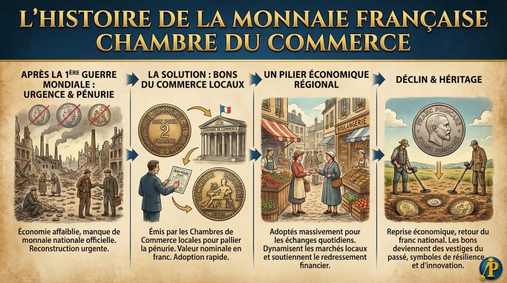 Infographie historique sur les bons du commerce de la Chambre de Commerce et l'évolution de la monnaie française de substitution après la guerre.