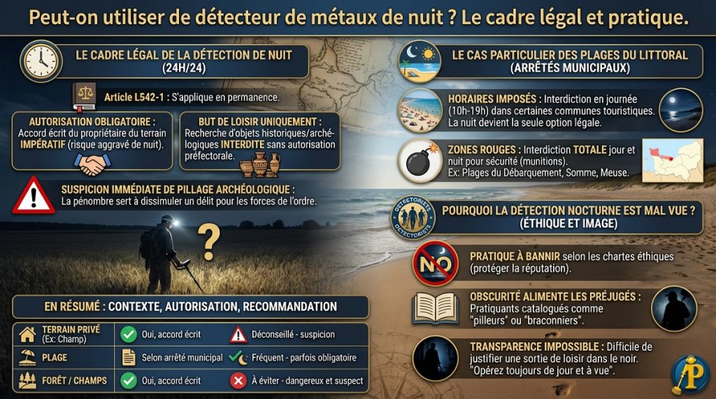 Peut on utiliser de détecteur de métaux de nuit ? 1 Infographie résumant la réglementation, les risques de suspicion de pillage et les autorisations pour utiliser un détecteur de métaux de nuit en France (plages et terrains privés).