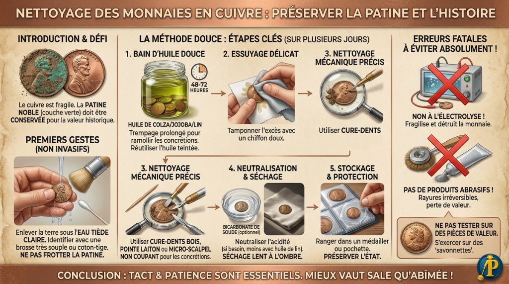Infographie : Comment nettoyer les monnaies en cuivre et préserver leur patine sans les abîmer