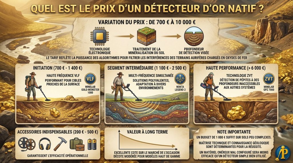Quel est le prix d'un détecteur d'or natif ? 4 infographie prix d'un détecteur d'or natif selon la technologie et le budget de prospection.