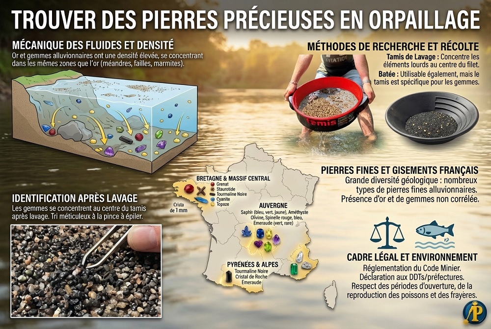 Est-il possible de trouver des pierres précieuses en faisant de l'orpaillage ? 4 Infographie résumant les types de pierres fines et précieuses (saphir, grenat, zircon) à trouver en orpaillage en France et les techniques de lavage au tamis.