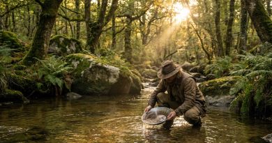 Un orpailleur de loisir utilise une batée traditionnelle dans une rivière de Bretagne au cœur d'une forêt sauvage.
