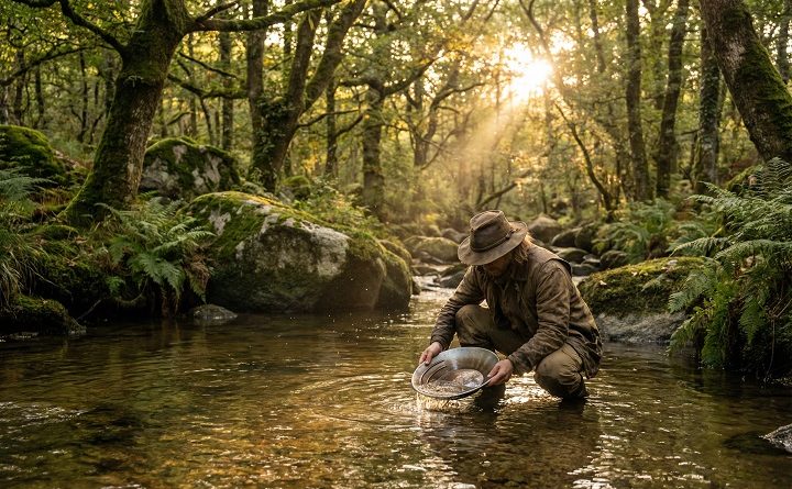 Un orpailleur de loisir utilise une batée traditionnelle dans une rivière de Bretagne au cœur d'une forêt sauvage.