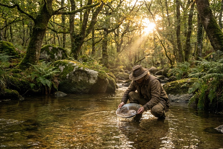 Un orpailleur de loisir utilise une batée traditionnelle dans une rivière de Bretagne au cœur d'une forêt sauvage.