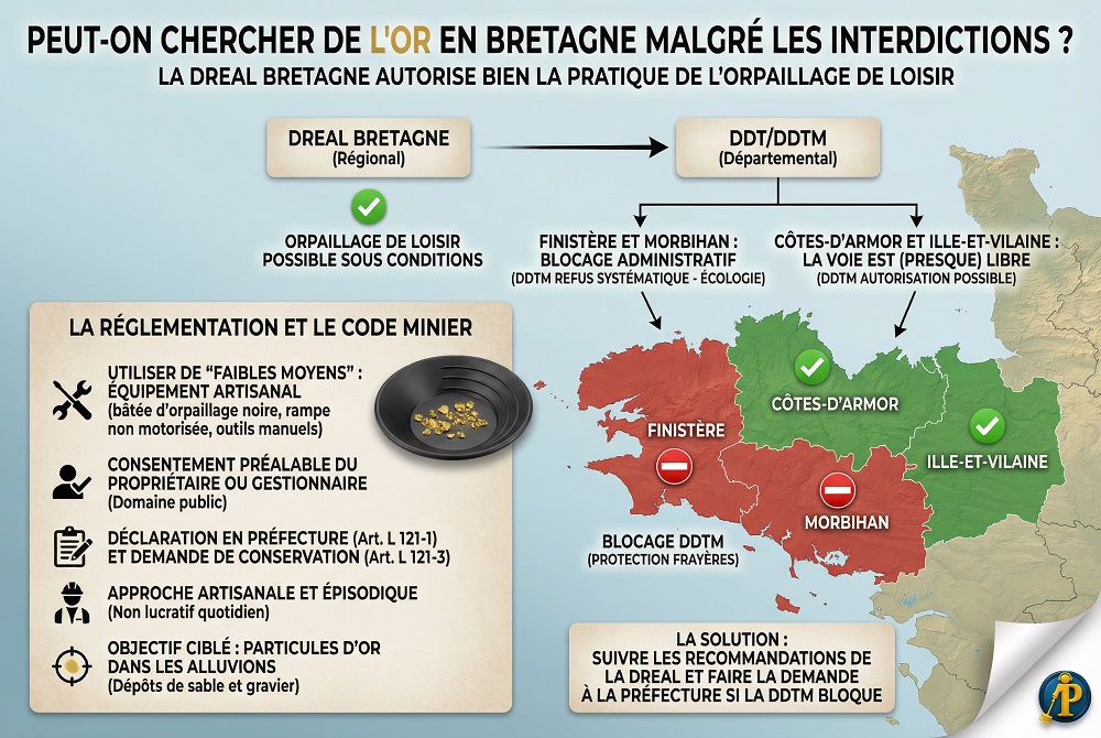 Infographie résumant la réglementation et les autorisations d'orpaillage de loisir en Bretagne par département.