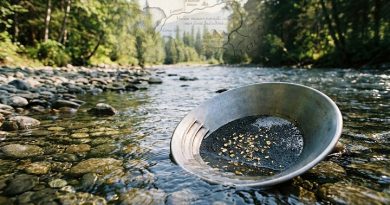 batée d'orpaillage rempli de sable noir et de paillettes d'or, dans l'eau d'une rivière avec en fond un ancienne carte de Cassini en filigrane