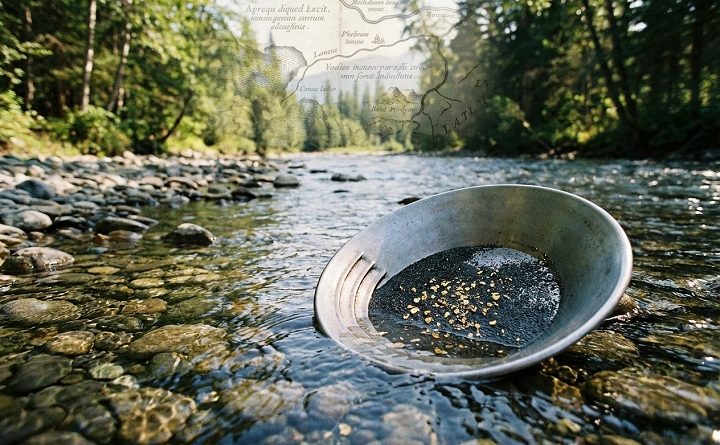 batée d'orpaillage rempli de sable noir et de paillettes d'or, dans l'eau d'une rivière avec en fond un ancienne carte de Cassini en filigrane