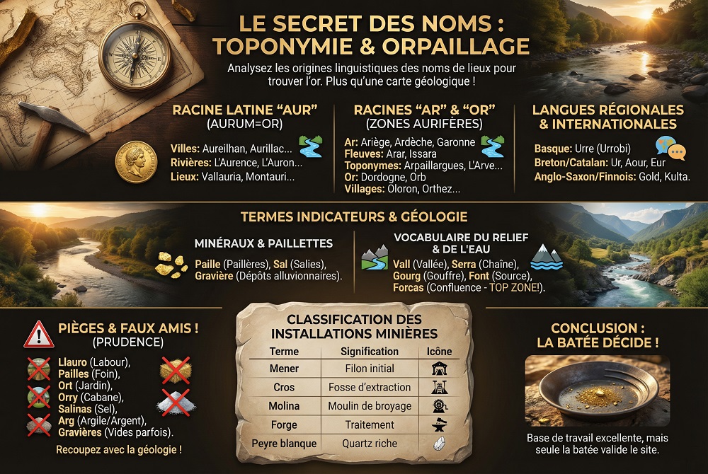 Comment la toponymie aide votre prospection en orpaillage ? 4 Infographie : Comment identifier des sites aurifères et rivières pour l'orpaillage grâce à la toponymie et aux racines latines (Aur, Ar, Or).