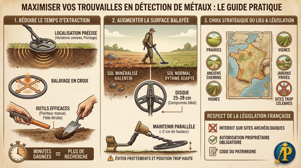 Maximiser vos trouvailles en détection de métaux : Le guide pratique 4 Infographie du guide pratique pour maximiser les trouvailles en détection de métaux : conseils de balayage, localisation des objets et respect de la législation française.