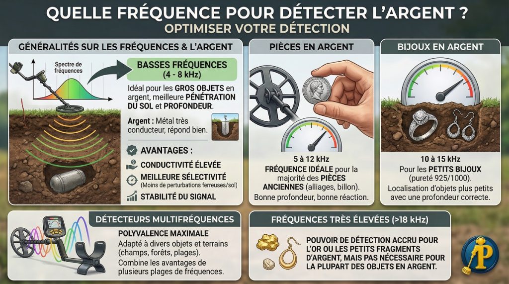 Quelle est la meilleure fréquence à utiliser pour détecter de l'argent ? 1 Infographie expliquant les meilleures fréquences de détection pour trouver des pièces et bijoux en argent