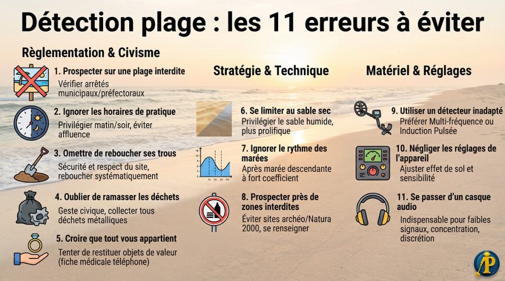 Détection plage : les 11 erreurs à éviter 2 Infographie listant les 11 erreurs de détection de métaux sur la plage et règles de bonne conduite pour les utilisateurs.