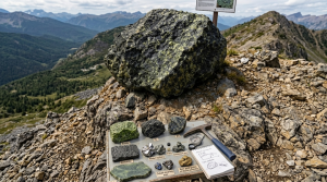 Photographie de paysage prise sur un affleurement rocheux surplombant une vaste vallée et des montagnes lointaines. Plusieurs gros échantillons de roches, notamment des dalles vert jade et des blocs tachetés, sont regroupés au premier plan avec un marteau de géologue posé à côté.
