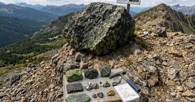 Photographie de paysage prise sur un affleurement rocheux surplombant une vaste vallée et des montagnes lointaines. Plusieurs gros échantillons de roches, notamment des dalles vert jade et des blocs tachetés, sont regroupés au premier plan avec un marteau de géologue posé à côté.